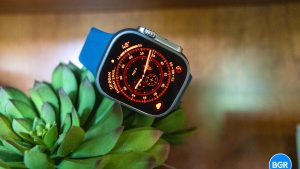 Apple Watch Ultra on a cactus, displaying the exclusive Ultra watch face