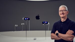 Apple CEO Tim Cook besides Vision Pro spatial computer after WWDC 2023 keynote