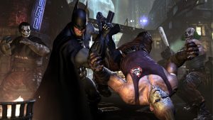 Batman beating up criminals in Batman: Arkham City.