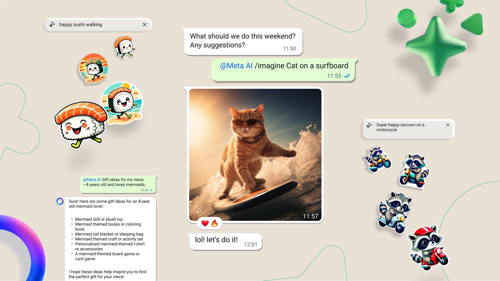 Meta AI features in WhatsApp: AI stickers, AI chats, and Photorealistic Image Generation.
