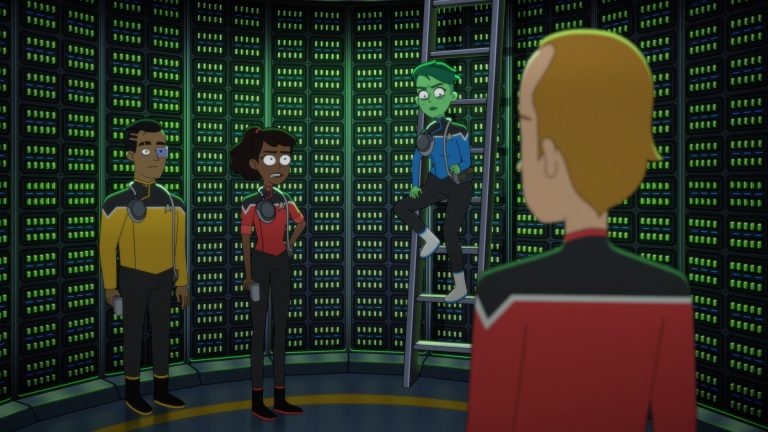Eugene Cordero as Ensign Rutherford, Tawny Newsome as Ensign Beckett Mariner and Noel Wells as Ensign Tendi appearing in Star Trek: Lower Decks.