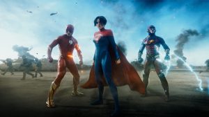 Barry Allen (Ezra Miller) and Supergirl (Sasha Calle) in The Flash.